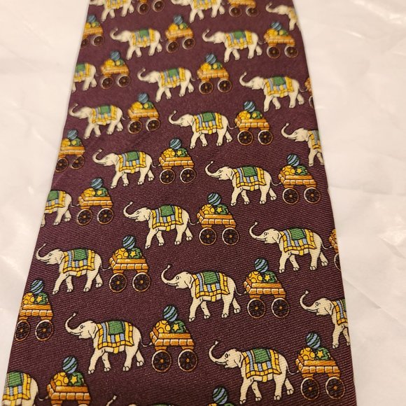 Brooks Brothers 100% Silk Tie - Circus Elephants on Burgundy - Picture 2 of 8
